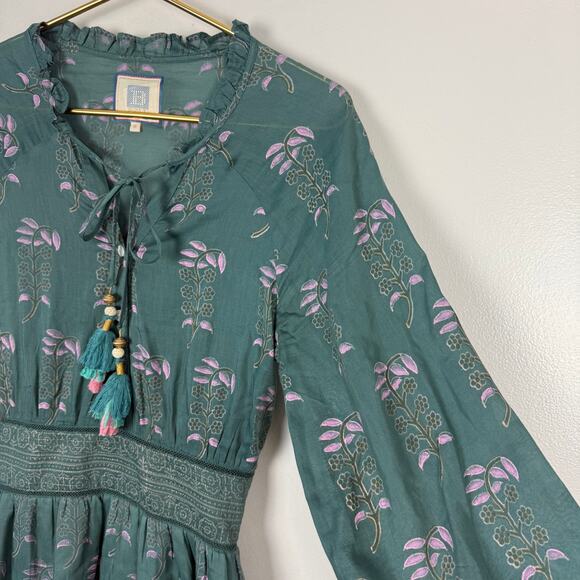 Bell by Alicia Bell Block Print Mini Dress Long Sleeve Green Tassel Tie Boho S - Picture 10 of 12